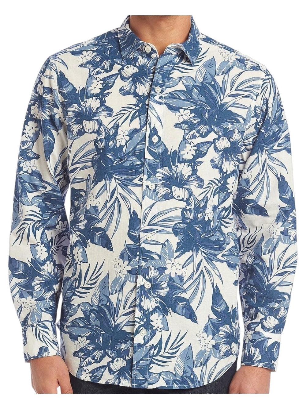 Men's Blue Hawaiian Floral Linen Blend Shirt Large